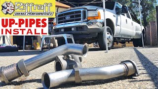 2001 F350 73  RiffRaff UpPipes Install  Stock up pipes leaking and falling apart JUNK SP [upl. by Nnyla]