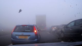 Dashcam Captures Shocking Motorway PileUp In Fog [upl. by Harragan]